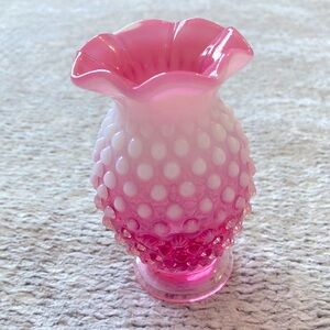 Vintage Fenton Cranberry Opalescent Hobnail Miniature Bud Vase Pink White Ruffle
